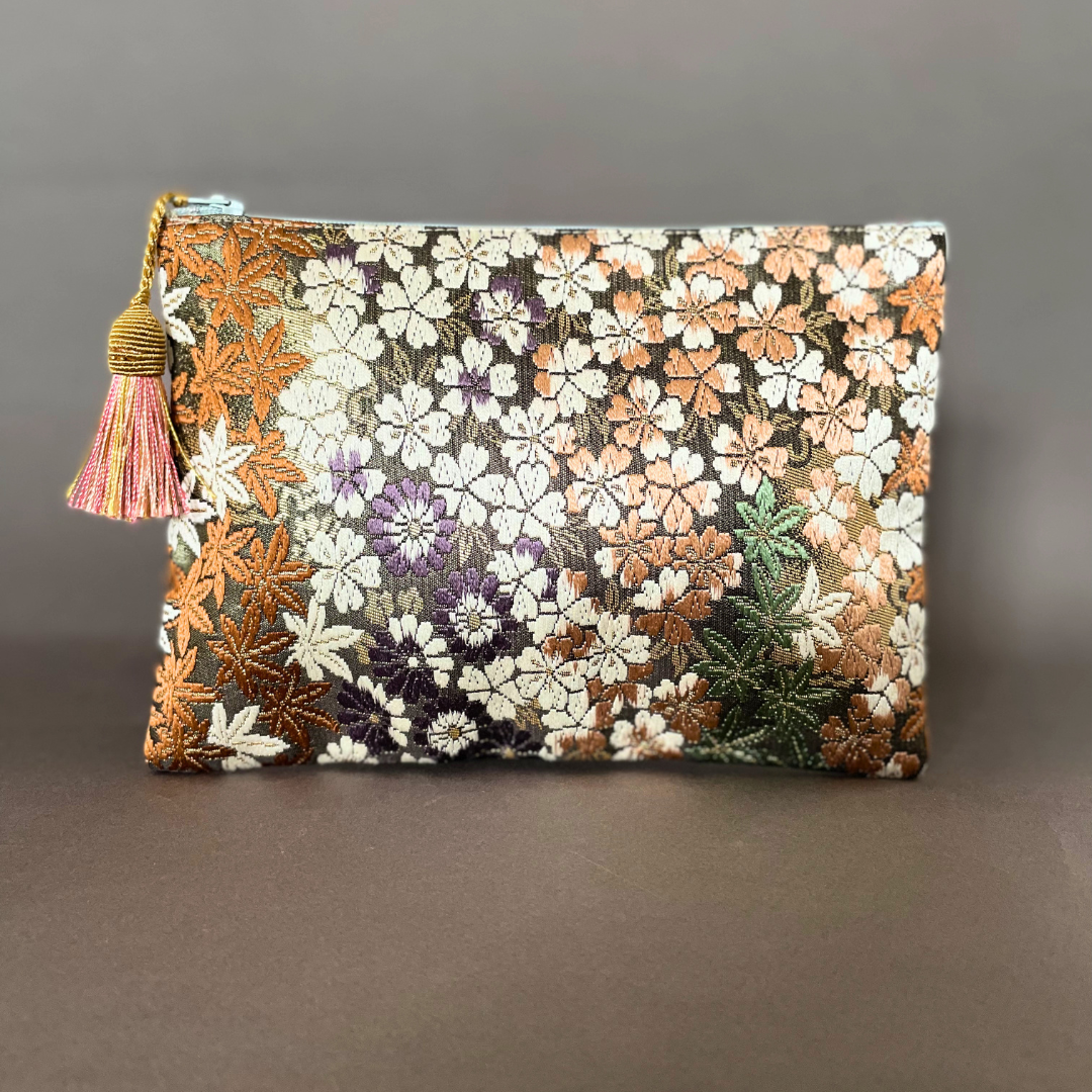 MAISON MIYABI Paris Obi Kimono clutch bag floral brocade with tassel, gold and multicolor