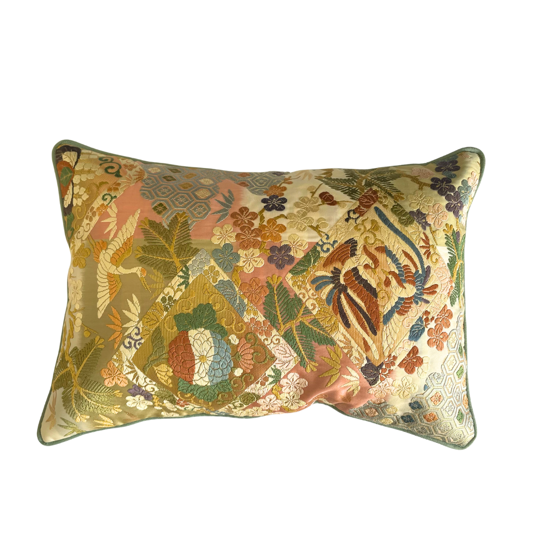 Coussin Obi-Kimono : Kara (technique de tissage Kara-Ori) avec le passepoil vert d'eau
