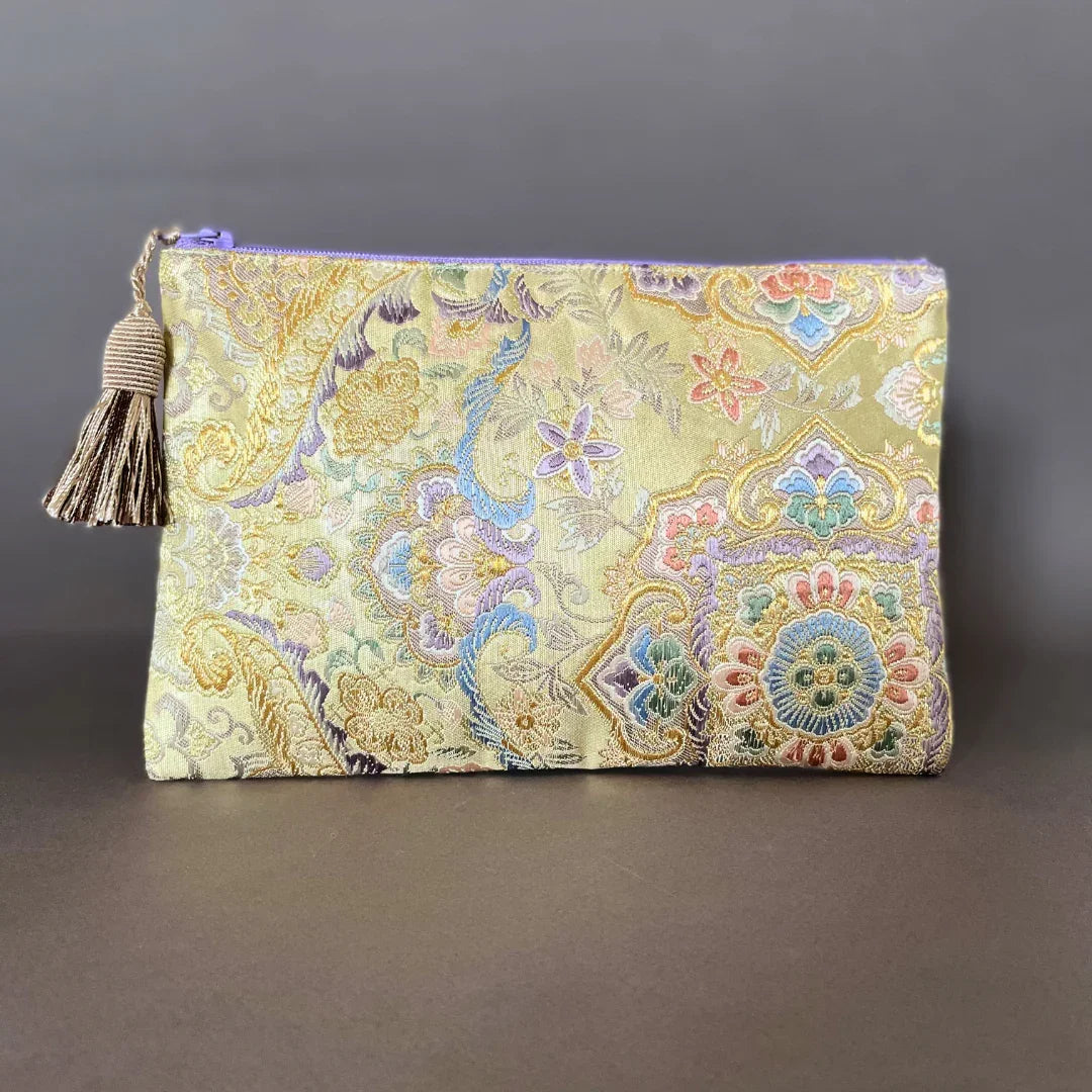 MAISON MIYABI Paris Obi-Kimono clutch bag floral brocade gold silk with tassel