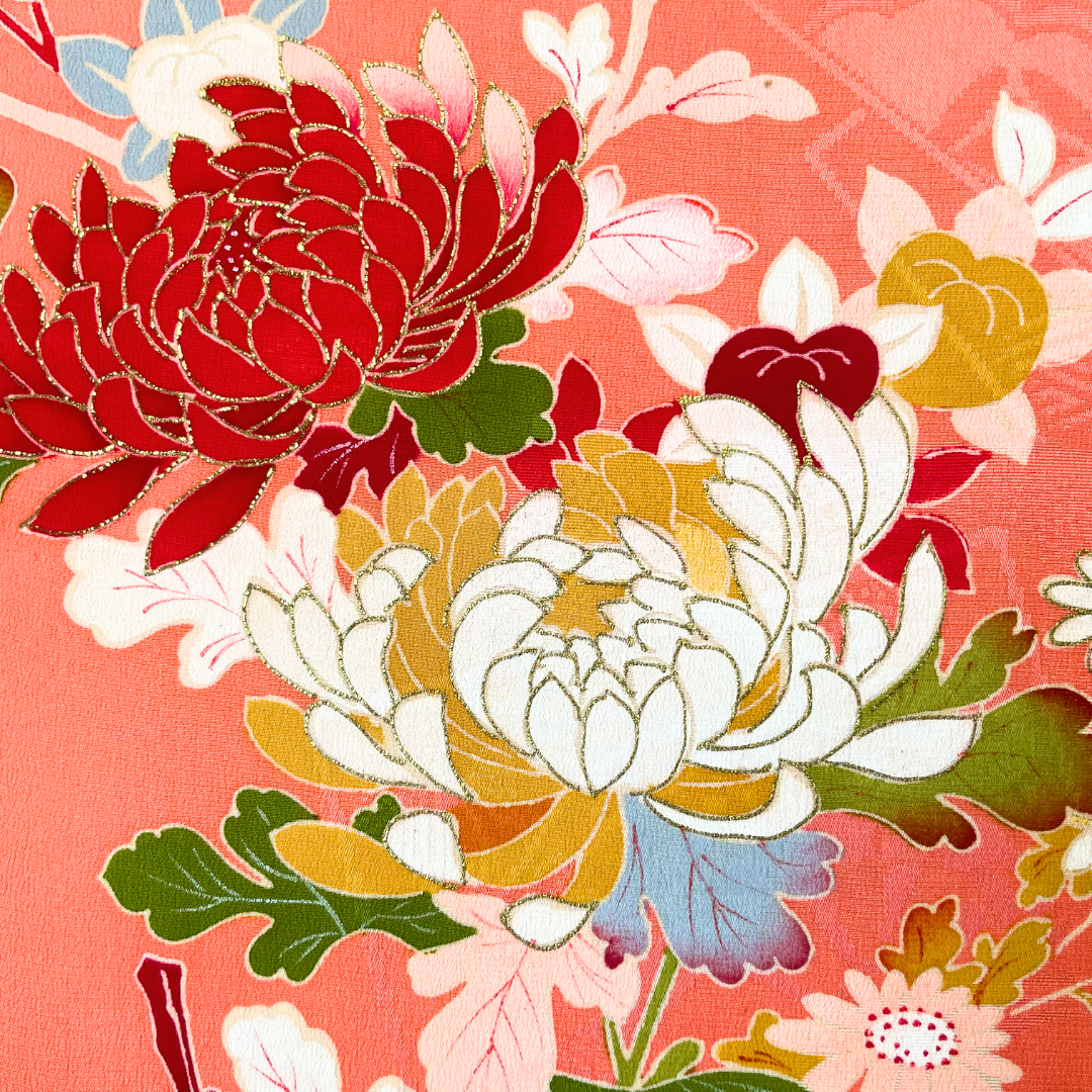 Kimono fabric panel: Chrysanthemums and Daisies