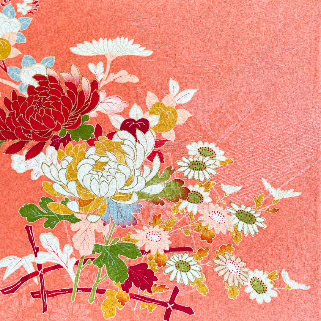 Kimono fabric panel: Chrysanthemums and Daisies