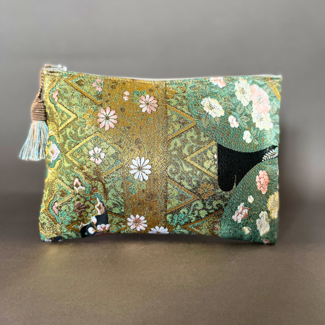 MAISON MIYABI Paris vintage Obi Kimono pouch, green and gold floral brocade