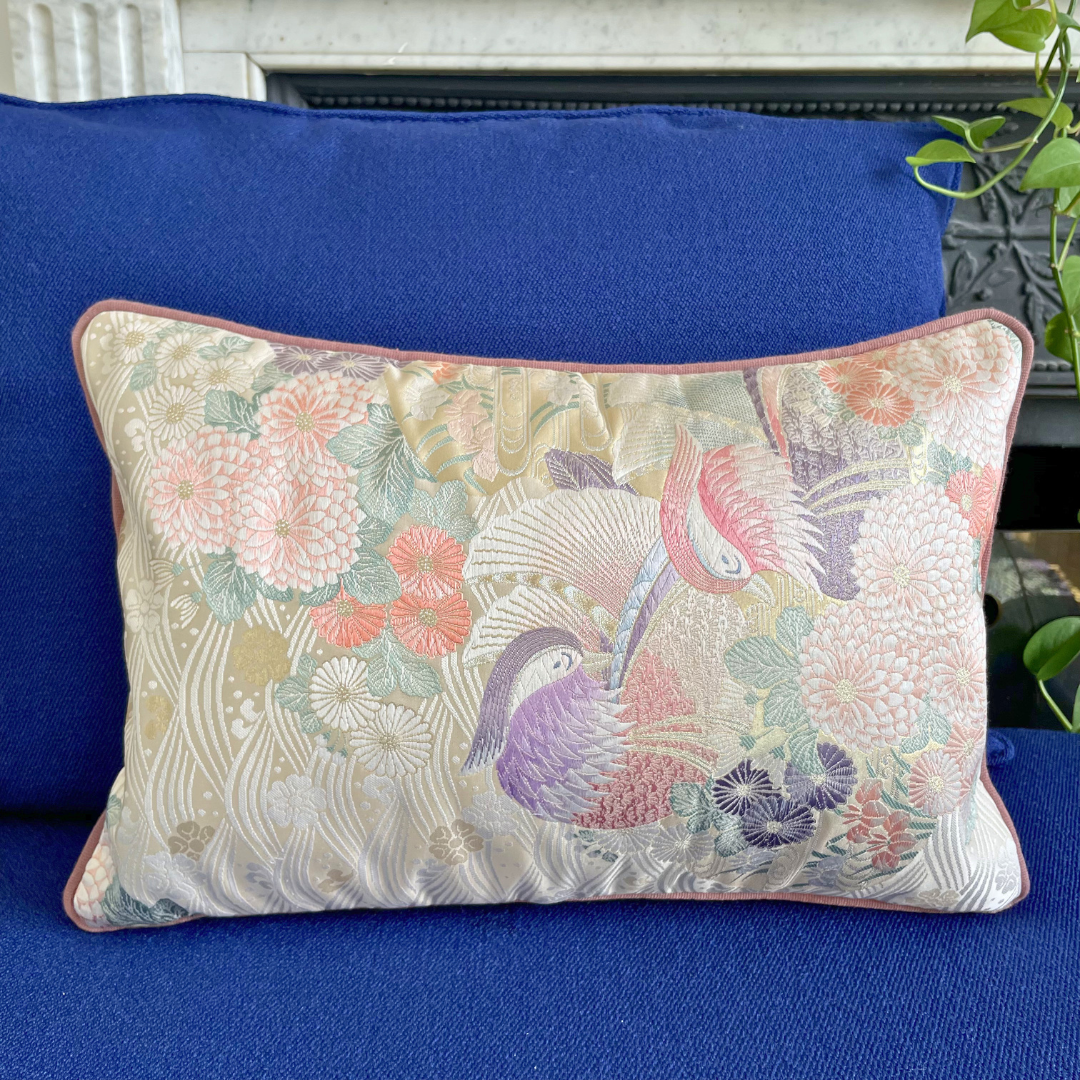 Coussin en Soie Kimono : Oshidori (Canard mandarin)