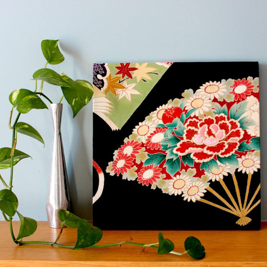 Kimono fabric panel : Black fan