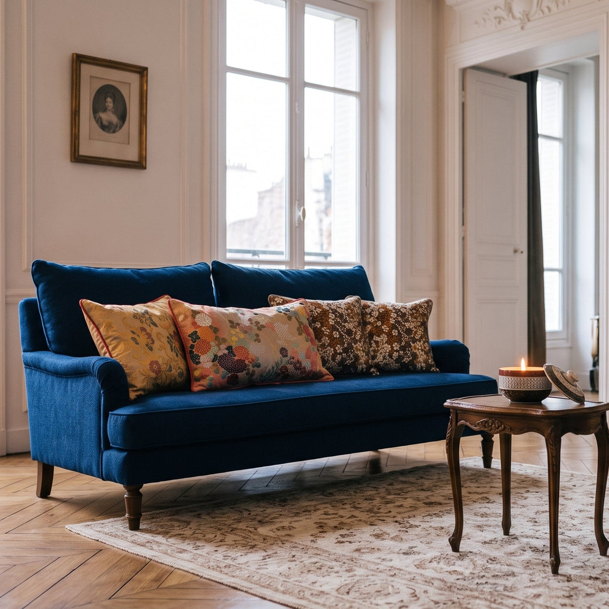 MAISON MIYABI's beautiful Obi-Kimono cushions and scented candle in a Parisian apartment