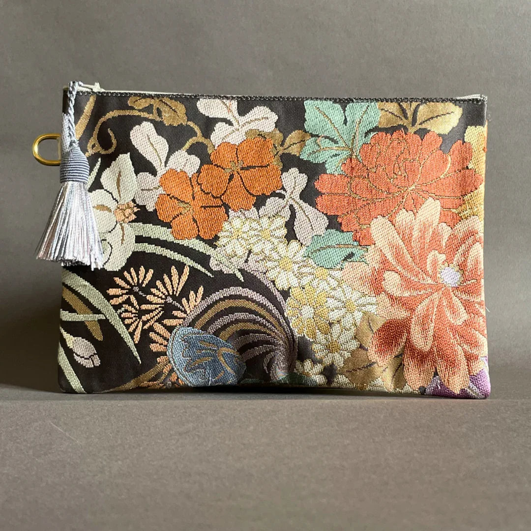 MAISON MIYABI Paris clutch bag vintage obi kimono floral embroidery gold black