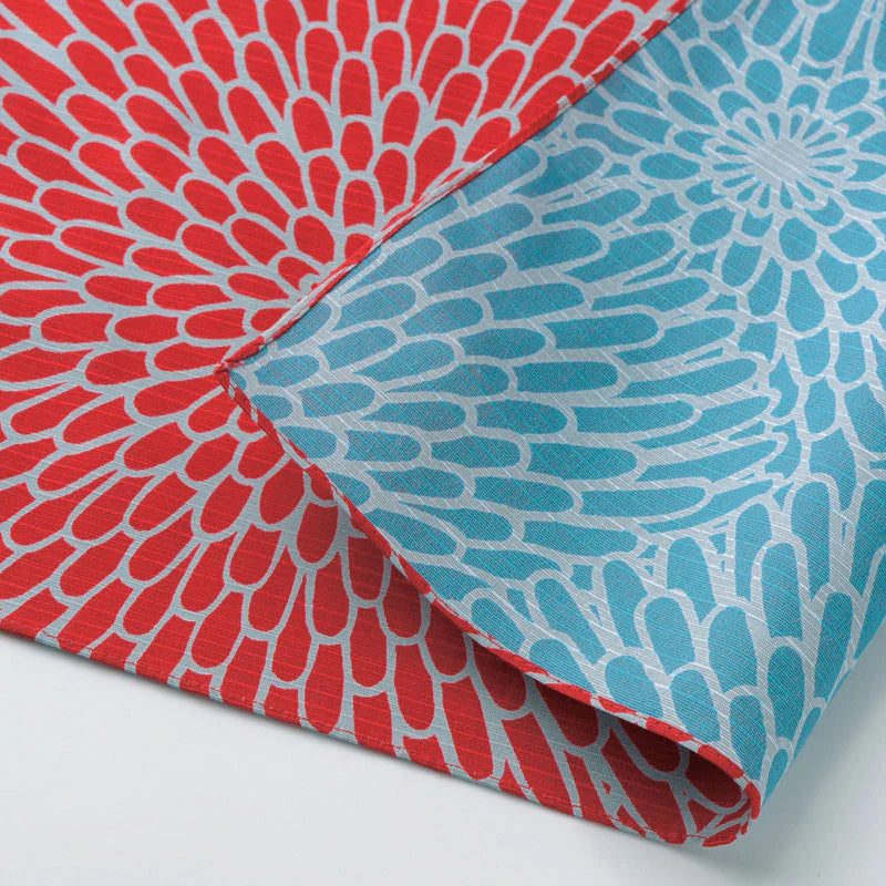 Serviette Furoshiki ISA Monyo Double Face : Kiku (le chrysanthème) Rouge et Blue