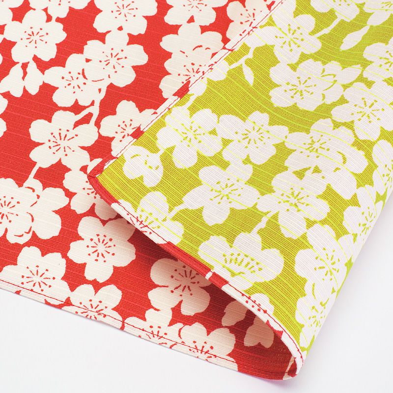 Serviette Furoshiki ISA Monyo Double Face : Sakura (fleur de cerisier)  Rose et Vert